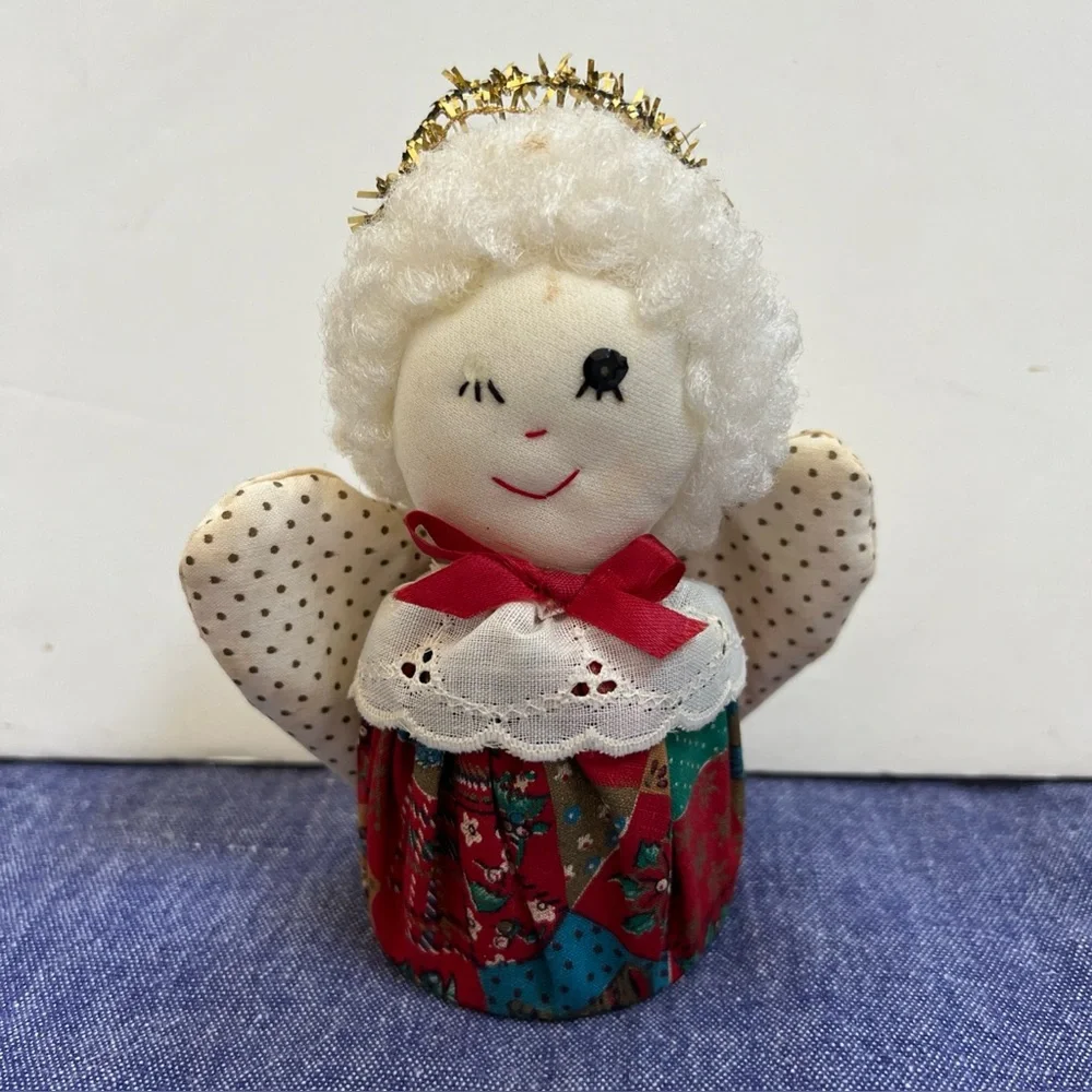 Angel Winking Ornament Christmas Hanging Vintage Cloth Wings